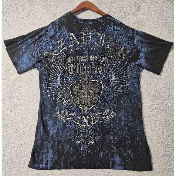 Y2K Xzavier Angel Cross Graphic T-Shirt Black Blue‎ Men's Size XL Cyber Grunge - Picture 1 of 7